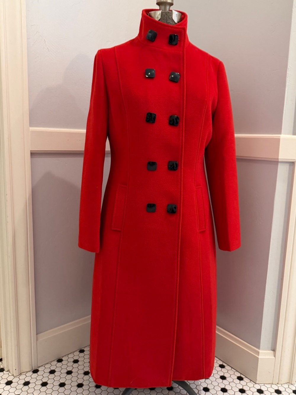 Women's Red Double-Breasted Long Peacoat with Stand Collar